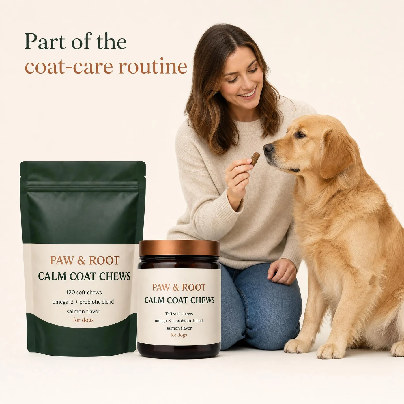 Lifestyle image of pet chews at home with a dog